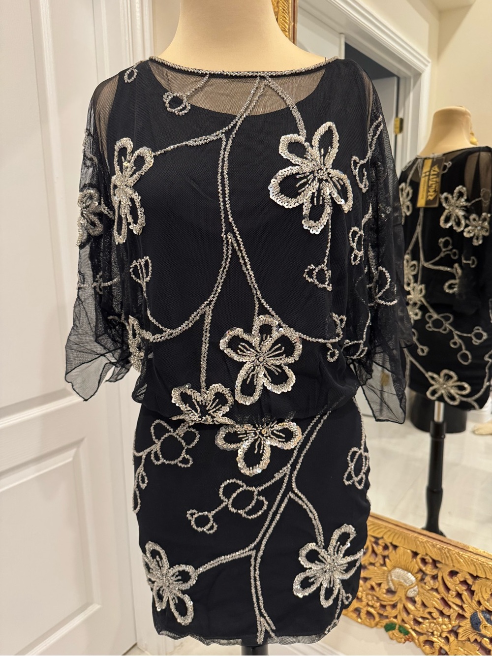 Black hand Beaded silver Floral sheer Sleeve mini Dress stretch Power mesh